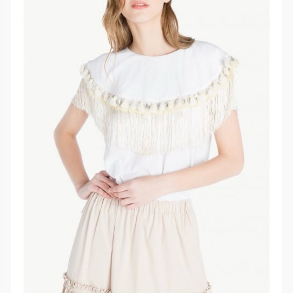 Twin-Set White Fringe-Trim Short Sleeve Tee